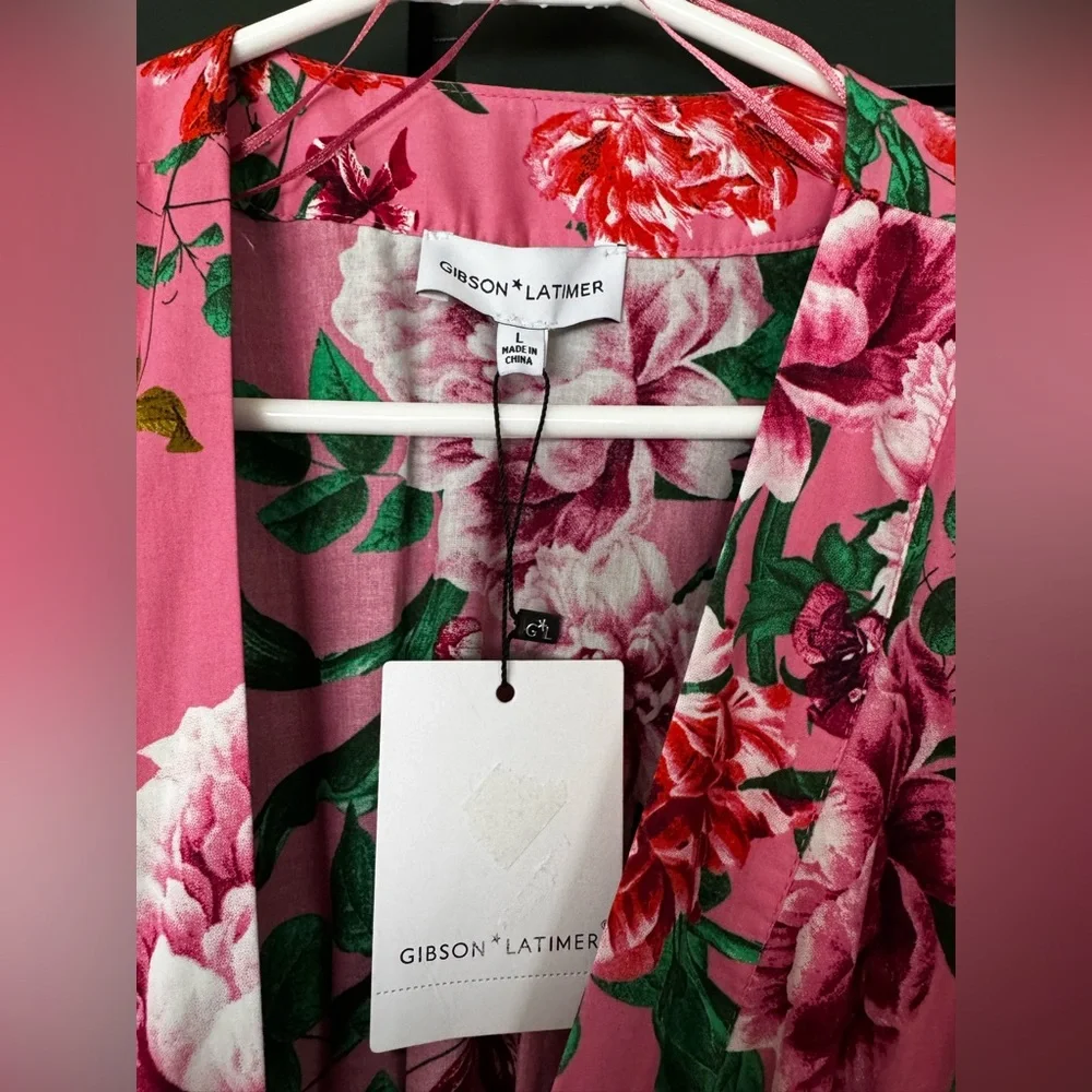 Gibson Latimer NWT Pink Floral Wrap Midi Dress Tiered Romantic Size Large 🌸 - Picture 5 of 8